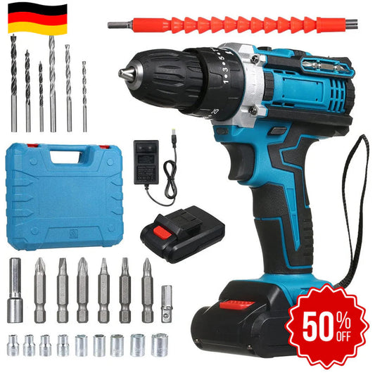 DrillMaster | Elektromos ütvefúró akkumulátorral (Teljes német készlet)